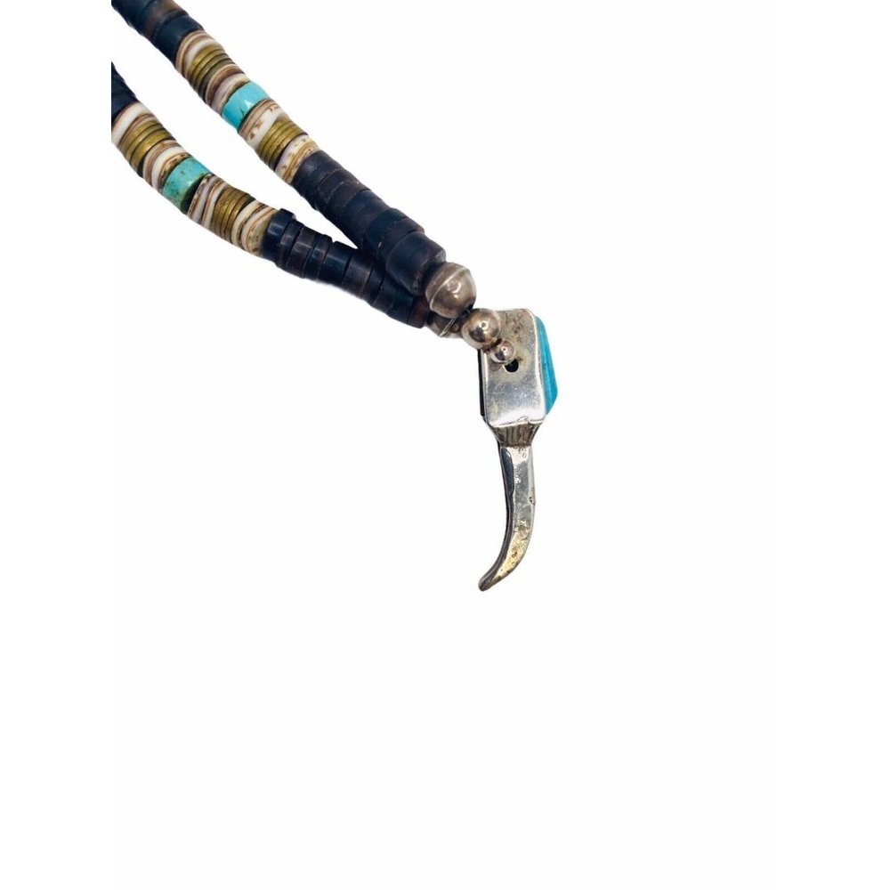 Vintage Navajo Handmade Silver Turquoise Pipestone Beaded Necklace Claw Pendant - Picture 6 of 13